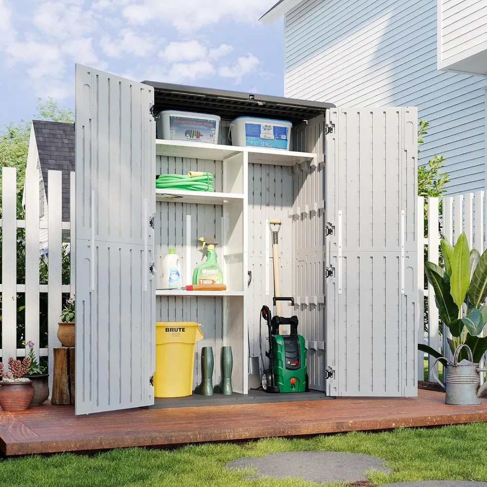 51.96in x 74.8in x 28.34in - RESIN OUTDOOR STORAGE SHED W/METAL SHELF & FLOOR KIT