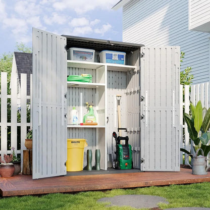51.96in x 74.8in x 28.34in - RESIN OUTDOOR STORAGE SHED W/METAL SHELF & FLOOR KIT