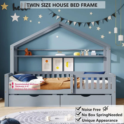 TWIN SIZE WOODEN BED W/STORAGE DRAWERS & SHELF