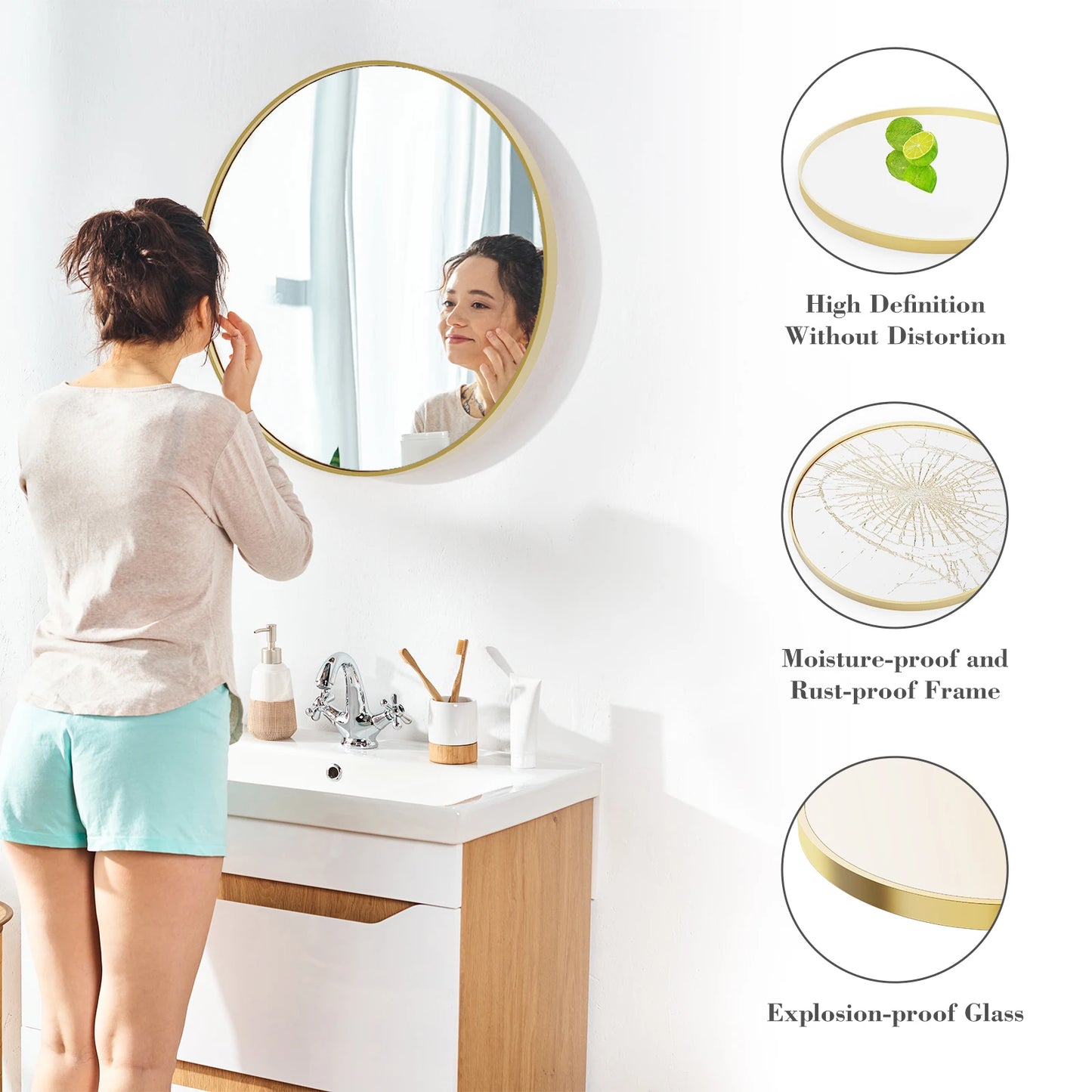 30in - LARGE ROUND TEMPERED GLASS FRAMED VANITY MIRROR