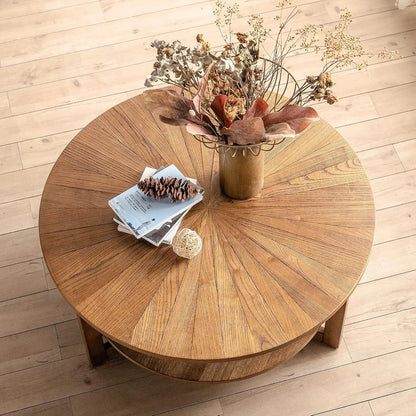 35in x 35in x 17.8in - 2-TIER ROUND RUSTIC WOODEN COFFEE TABLE W/STORAGEe Table for Living Room, 2 Tier Circle Coffee Table with Storage, Rustic Natural Coffee Table (35" Dx35 Wx18 H)