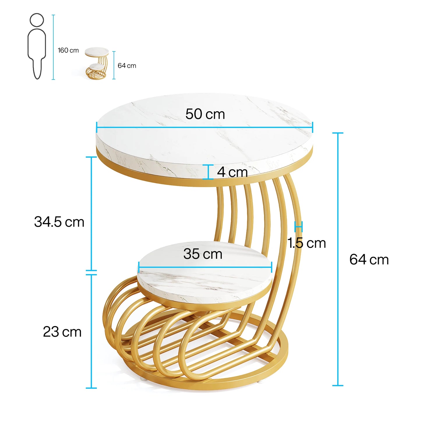 2-Tiers - GOLD FRAME ROUND WHITE FAUX MARBLE TOP