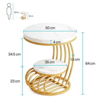 2-Tiers - GOLD FRAME ROUND WHITE FAUX MARBLE TOP