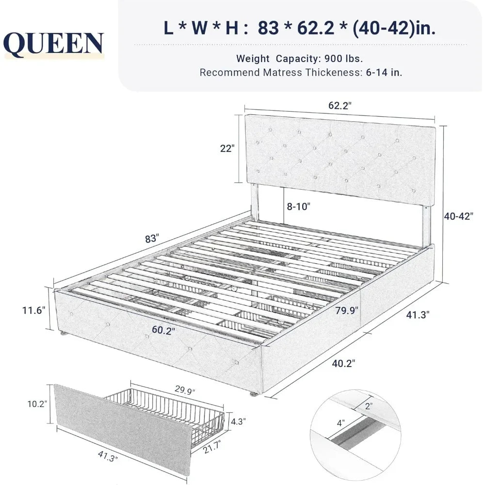 Queen Size Upholstered Headboard Platform Bed Frame
