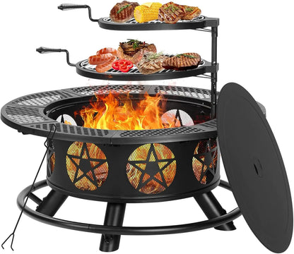 36in x 36in x 29in - WOOD BURNING FIRE PIT W/2-GRILLS, POKER & LID