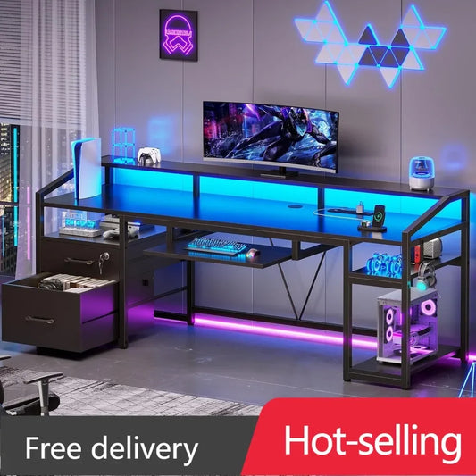 OFFICE COMPUTER  DESK W/LOCKABLE DRAWERS & LED LIGHTS