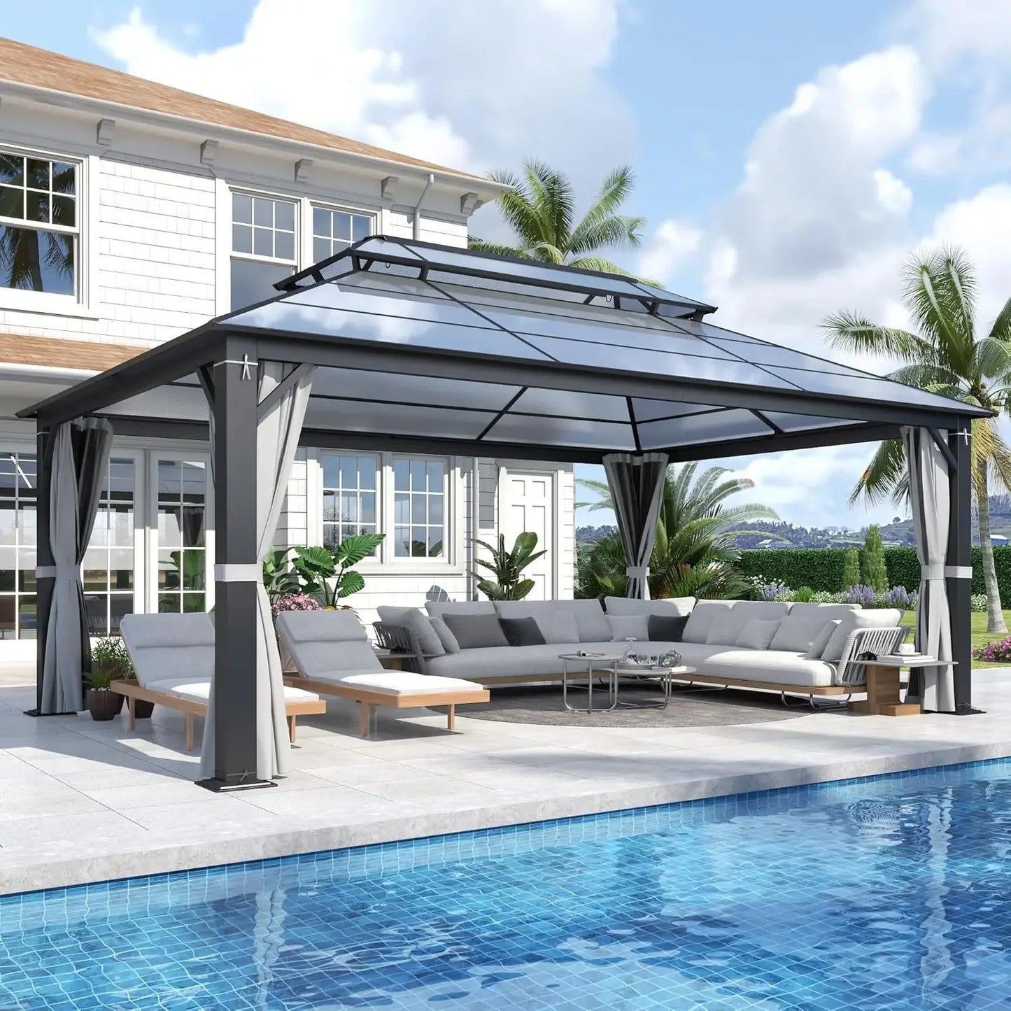 12-Foot x 16-Foot - POLYCARBONATE HARDTOP DOUBLE ROOF GAZEBO W/NETTING