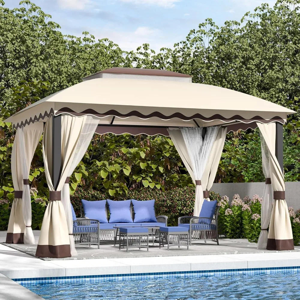 10ft ×13ft -  DOUBLE ROOF STEEL OUTDOOR GAZEBO W/MOSQUITO NETTING