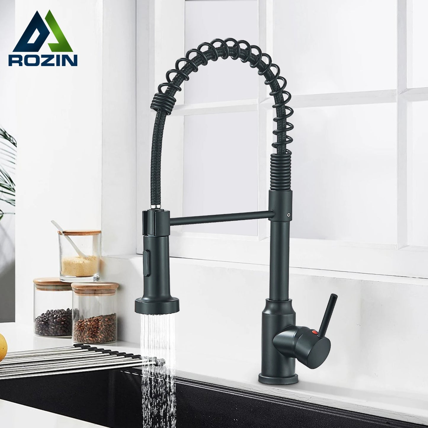 Black Flexible Kitchen Faucet Pull Down Spring Nozzle