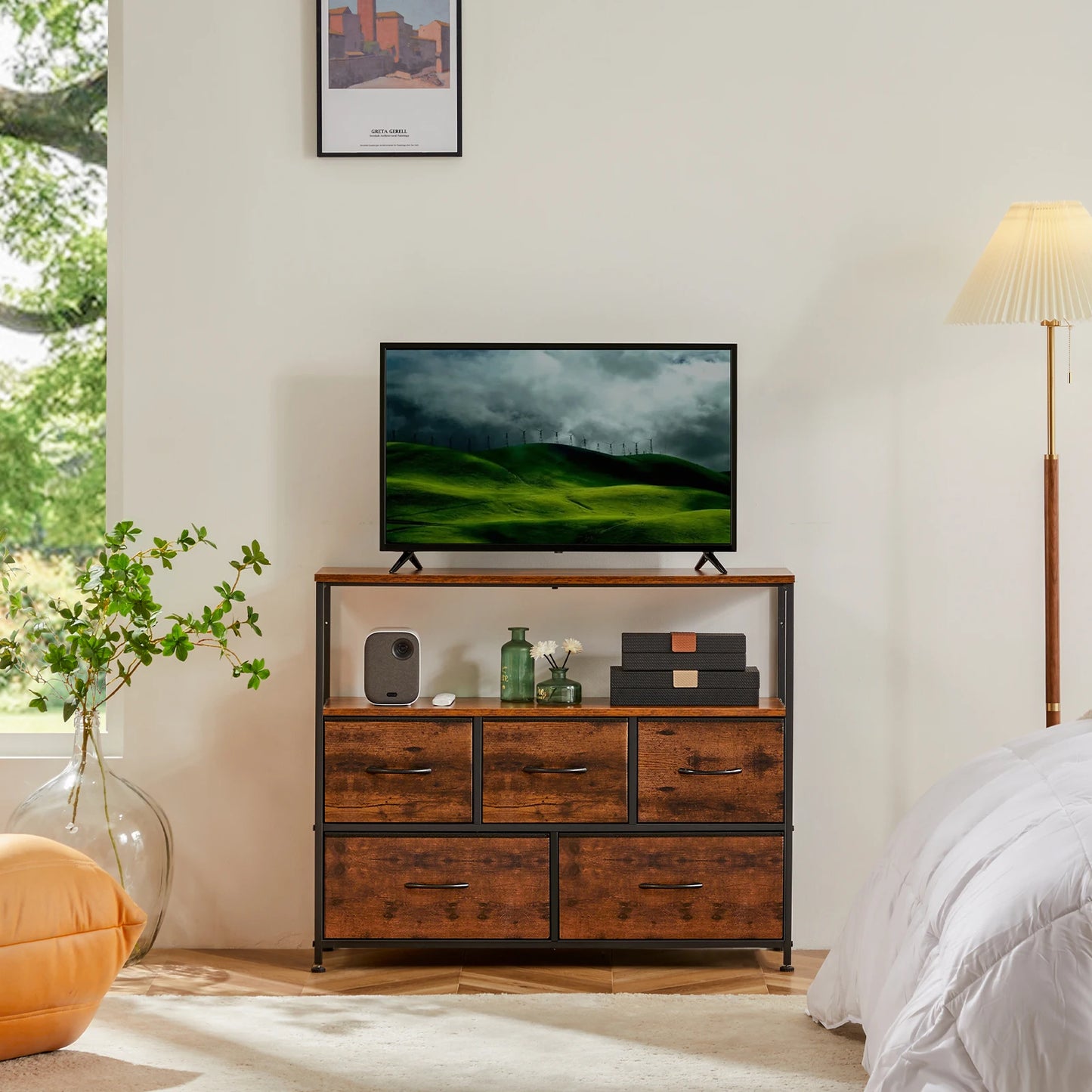 TV STAND W/5-FABRIC DRAWERS STORAGE DISPLAY FURNITURE