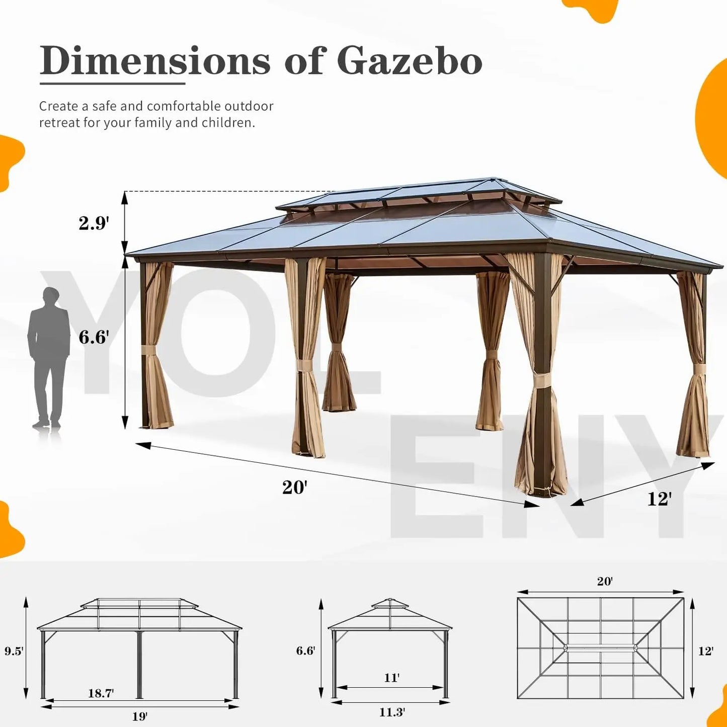 12ft x 20ft - PERMANENT POLYCARBONATE DOUBLE HARDTOP ROOF GAZEBO