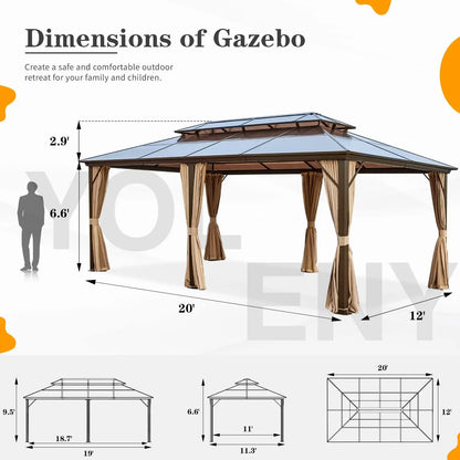 12ft x 20ft - PERMANENT POLYCARBONATE DOUBLE HARDTOP ROOF GAZEBO