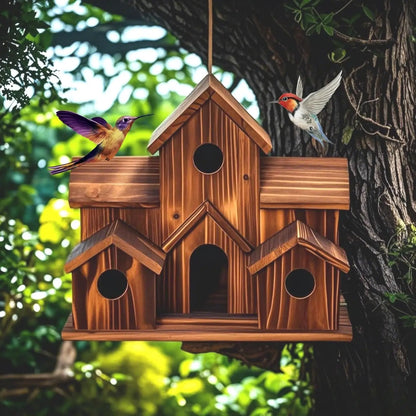 6-HOLE - HANDMADE OUTDOOR WOODEN WILD BIRD HOUSE DECORATION
