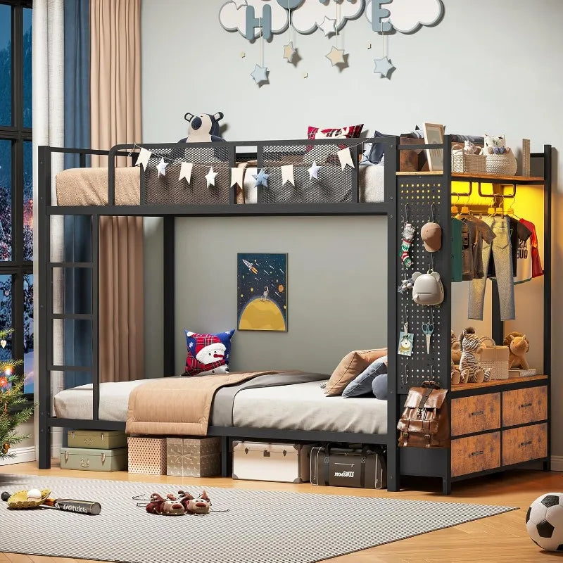 Metal Bunk Bed, Twin Over Twin, W/Hall Tree