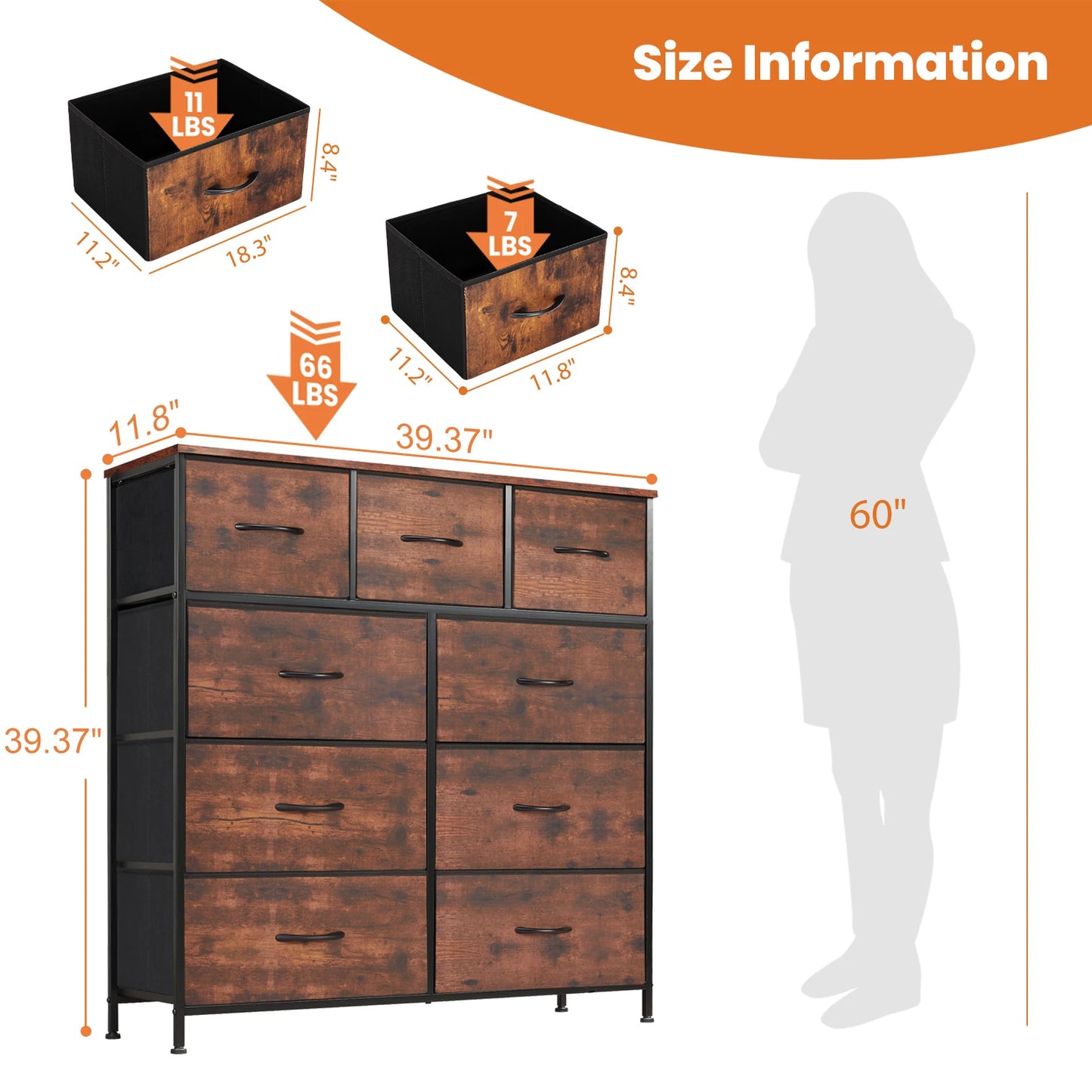 TALL CHEST DRESSER W/9 FABRIC STORAGE DRAWER, WARDROBE
