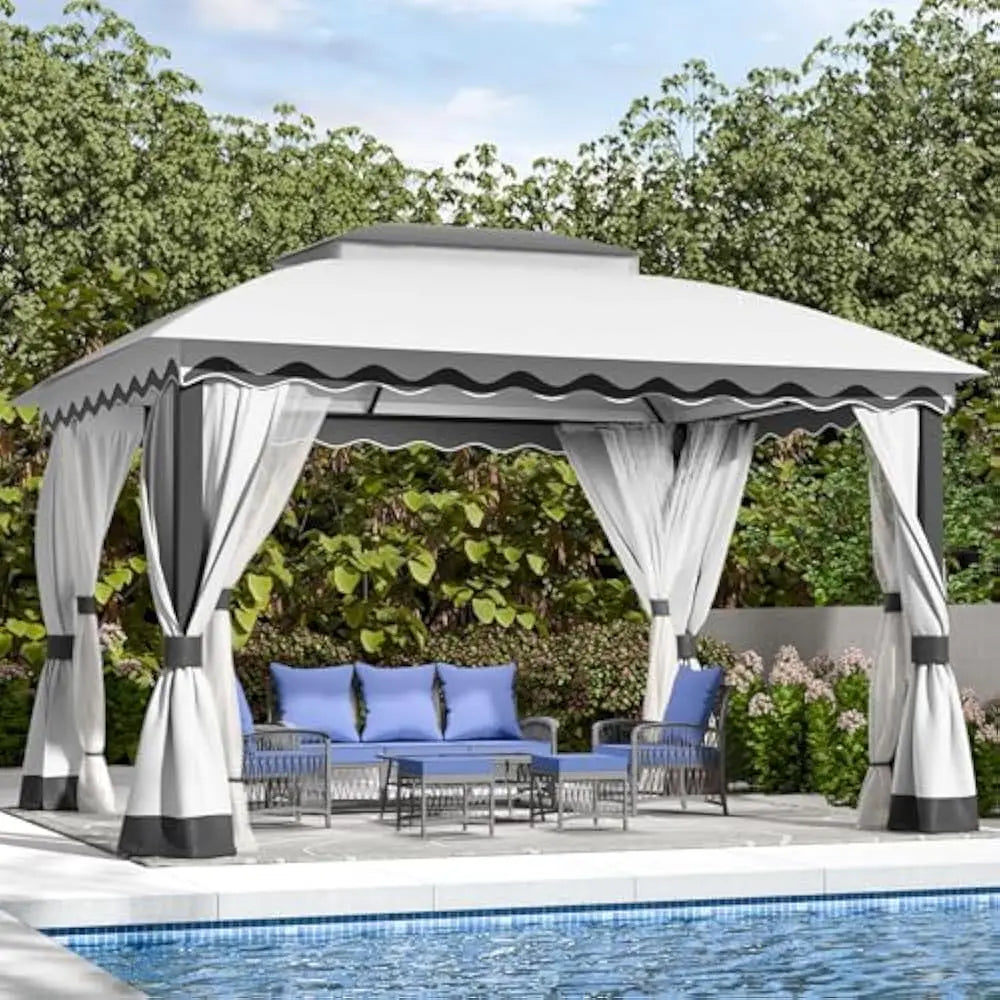 10ft ×13ft -  DOUBLE ROOF STEEL OUTDOOR GAZEBO W/MOSQUITO NETTING