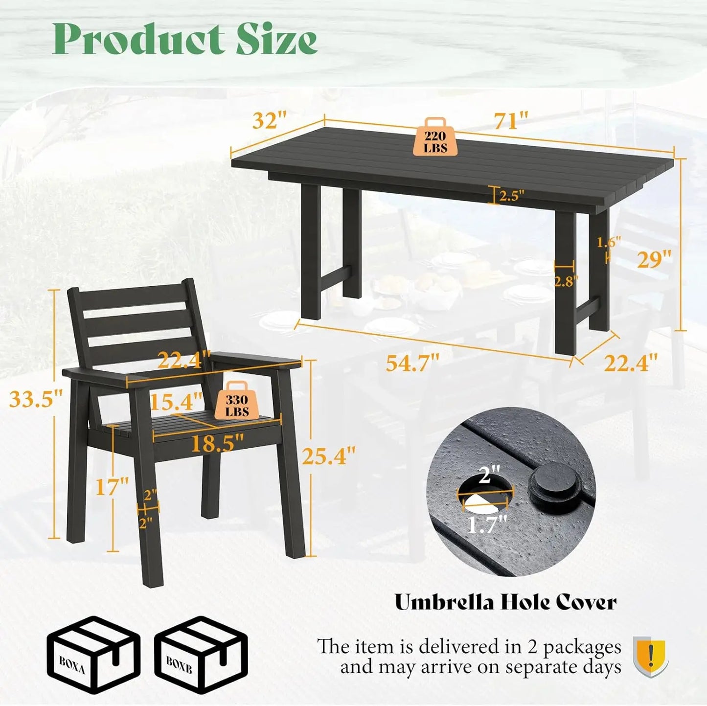 7-Piece HDPE Outdoor Dining Set with Umbrella Hole, 71" L Patio Table and Chairs Set for 6, Modern Garden Dining Set for Backyar