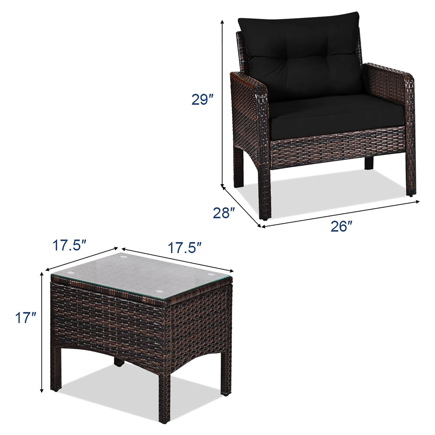 3pcs - OUTDOOR RATTAN/WICKER PATIO FURNITURE W/CUSHIONS