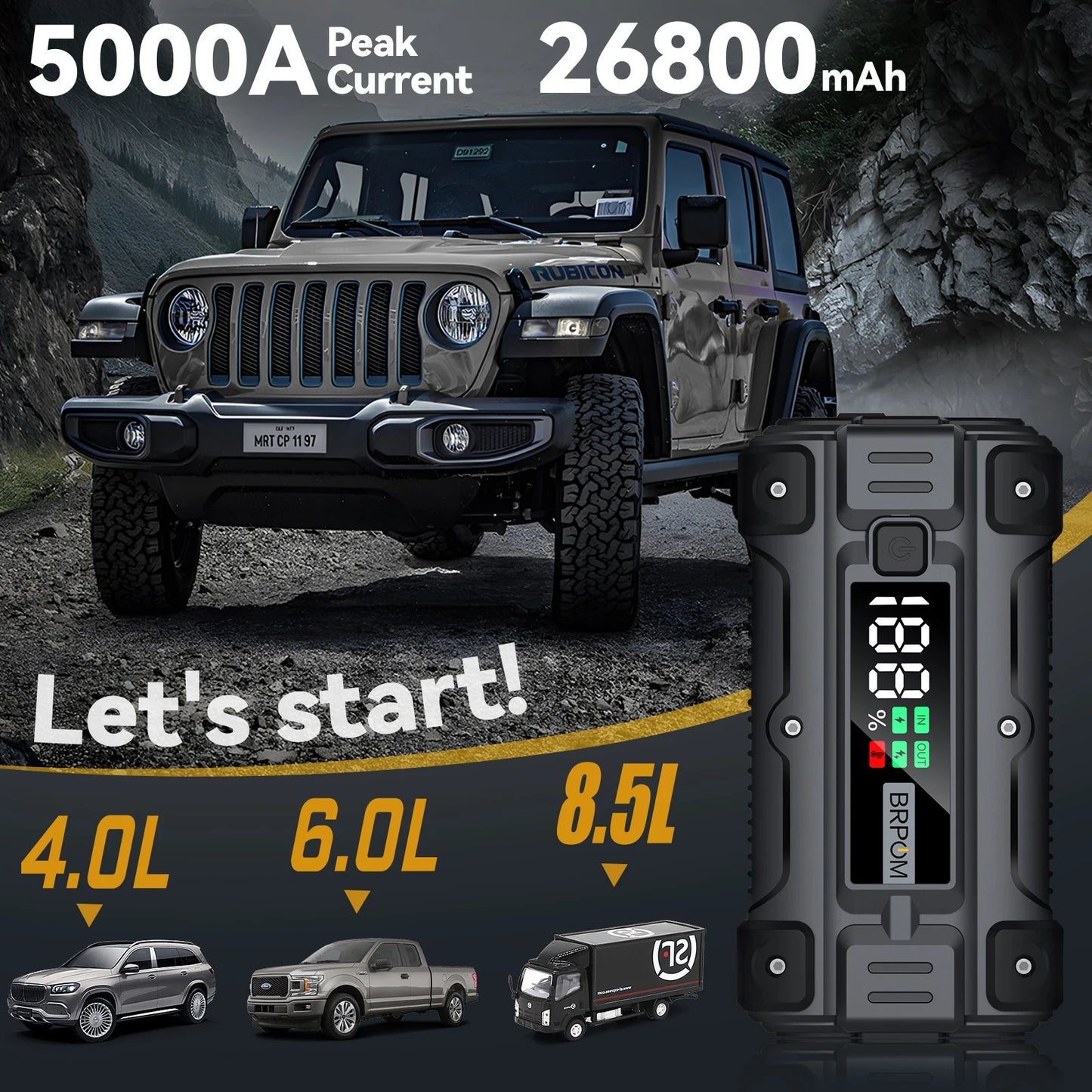 12V, 20,000 - 30,000mAh, 5000A - PORTABLE EMERGENCY POWER BANK JUMP STARTER
