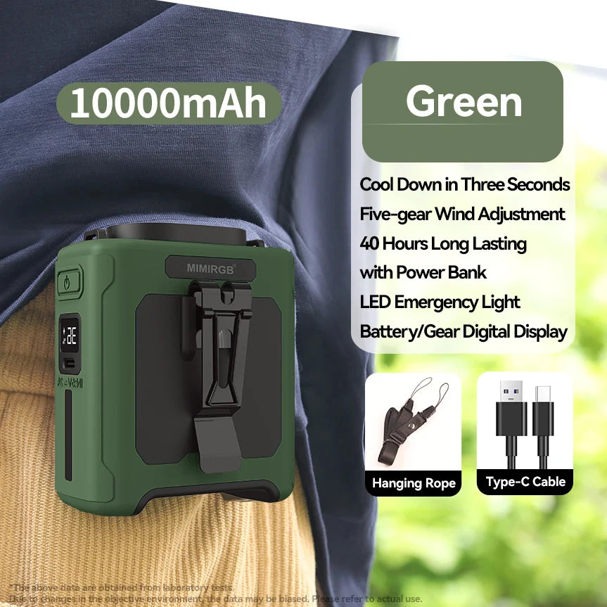 10,000mAh - PORTABLE WAIST CLIP COOLING FAN W/POWER BANK