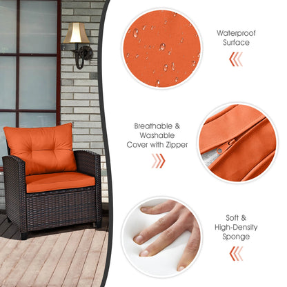 3PCS - PATIO RATTAN ORANGE CUSHIONED CONVERSATION SET FURNITURE