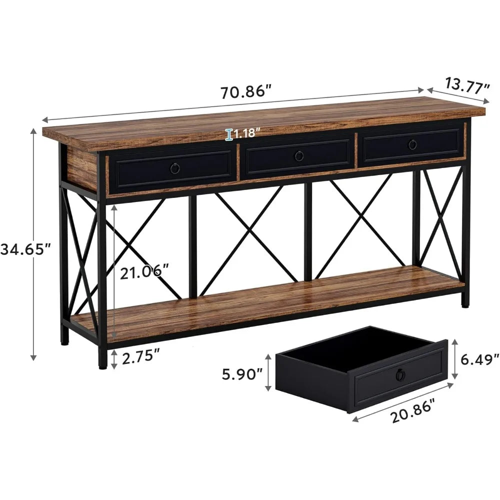 34.65in x 70.86in - EXTRA LONG FARMHOUSE STYLE CONSOLE TABLE, W/3-DRAWERS