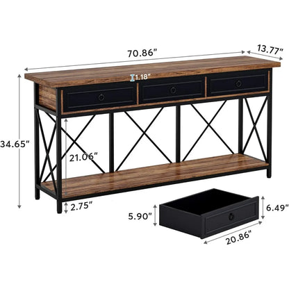 34.65in x 70.86in - EXTRA LONG FARMHOUSE STYLE CONSOLE TABLE, W/3-DRAWERS