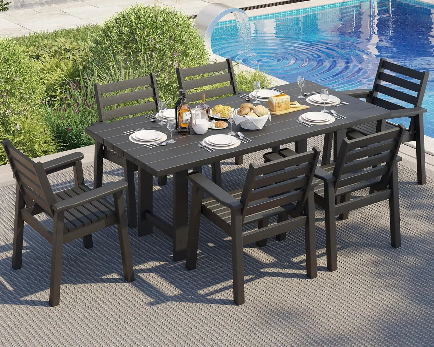 7-Piece HDPE Outdoor Dining Set with Umbrella Hole, 71" L Patio Table and Chairs Set for 6, Modern Garden Dining Set for Backyar