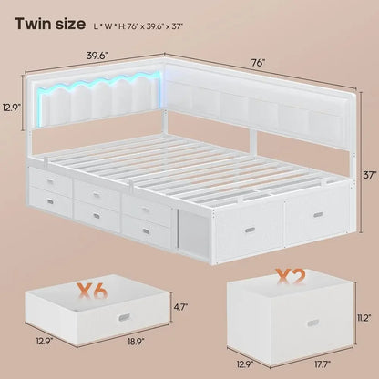 White Twin Bed, 8-Drawers, 6-Storage Pockets, Daybed w/Storage