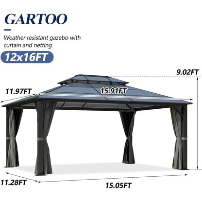 12-Foot x 16-Foot - POLYCARBONATE HARDTOP DOUBLE ROOF GAZEBO W/NETTING