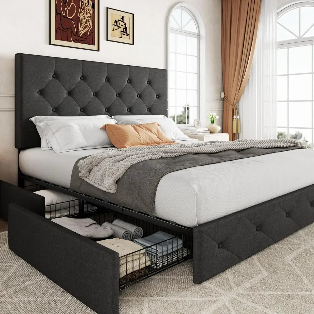 Queen Size Upholstered Headboard Platform Bed Frame