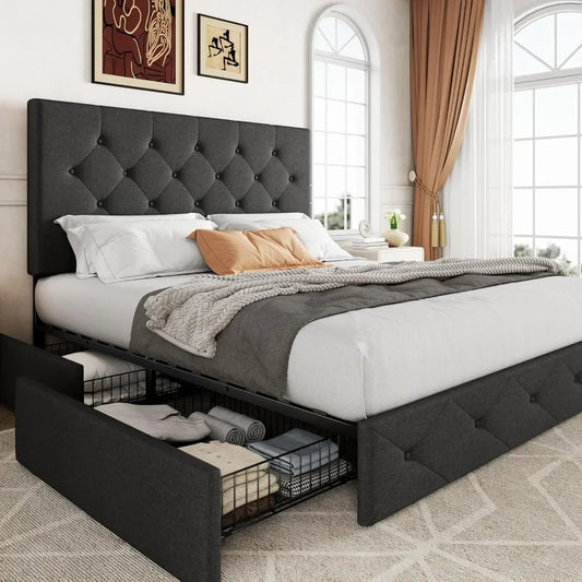 Queen Size Upholstered Headboard Platform Bed Frame
