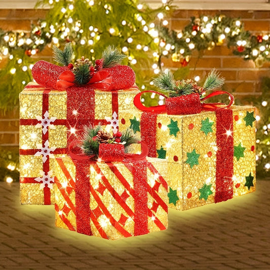 SET OF 3 - LIGHTED GIFT BOXES DECORATION W/LED LIGHTS