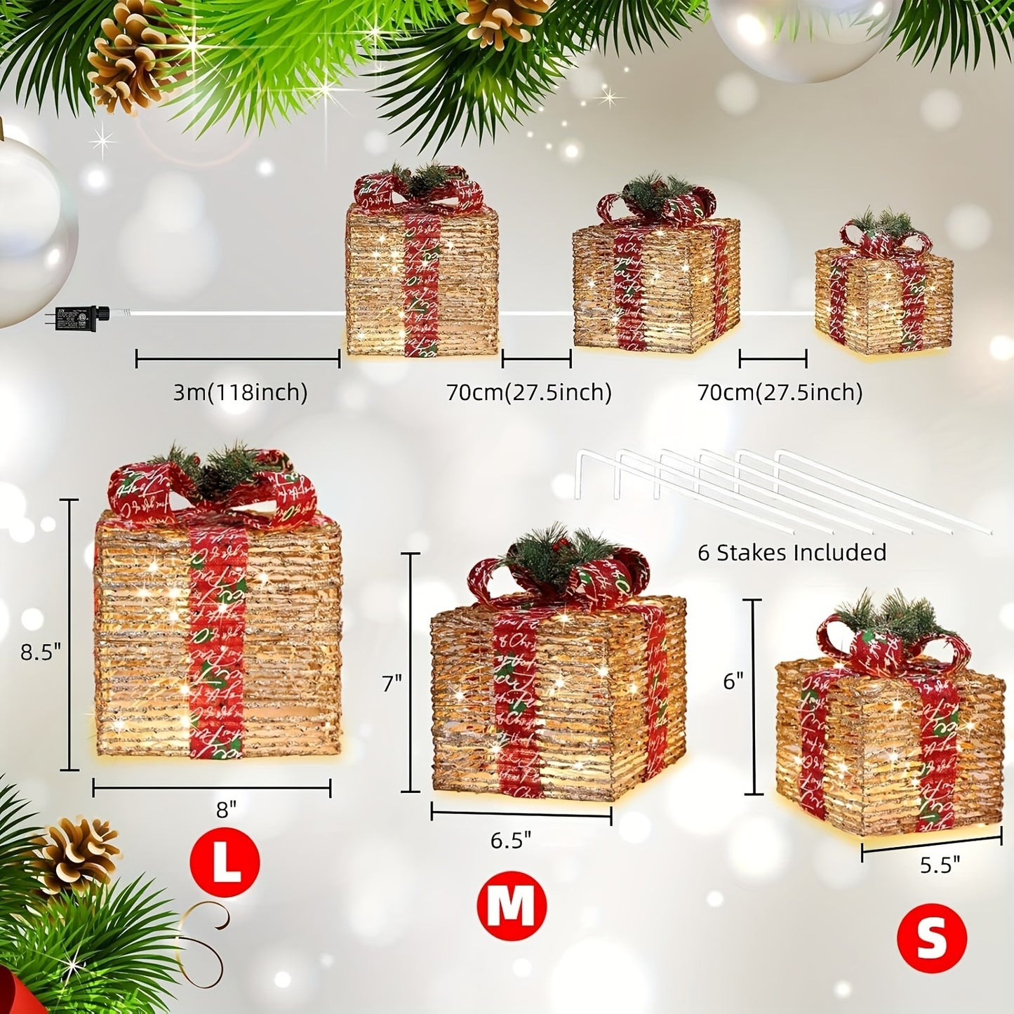 SET OF 3 - LED LIT RATTAN GIFT BOXES DECORATIONS