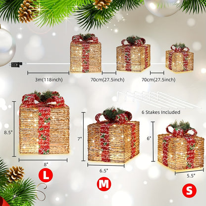 SET OF 3 - LED LIT RATTAN GIFT BOXES DECORATIONS
