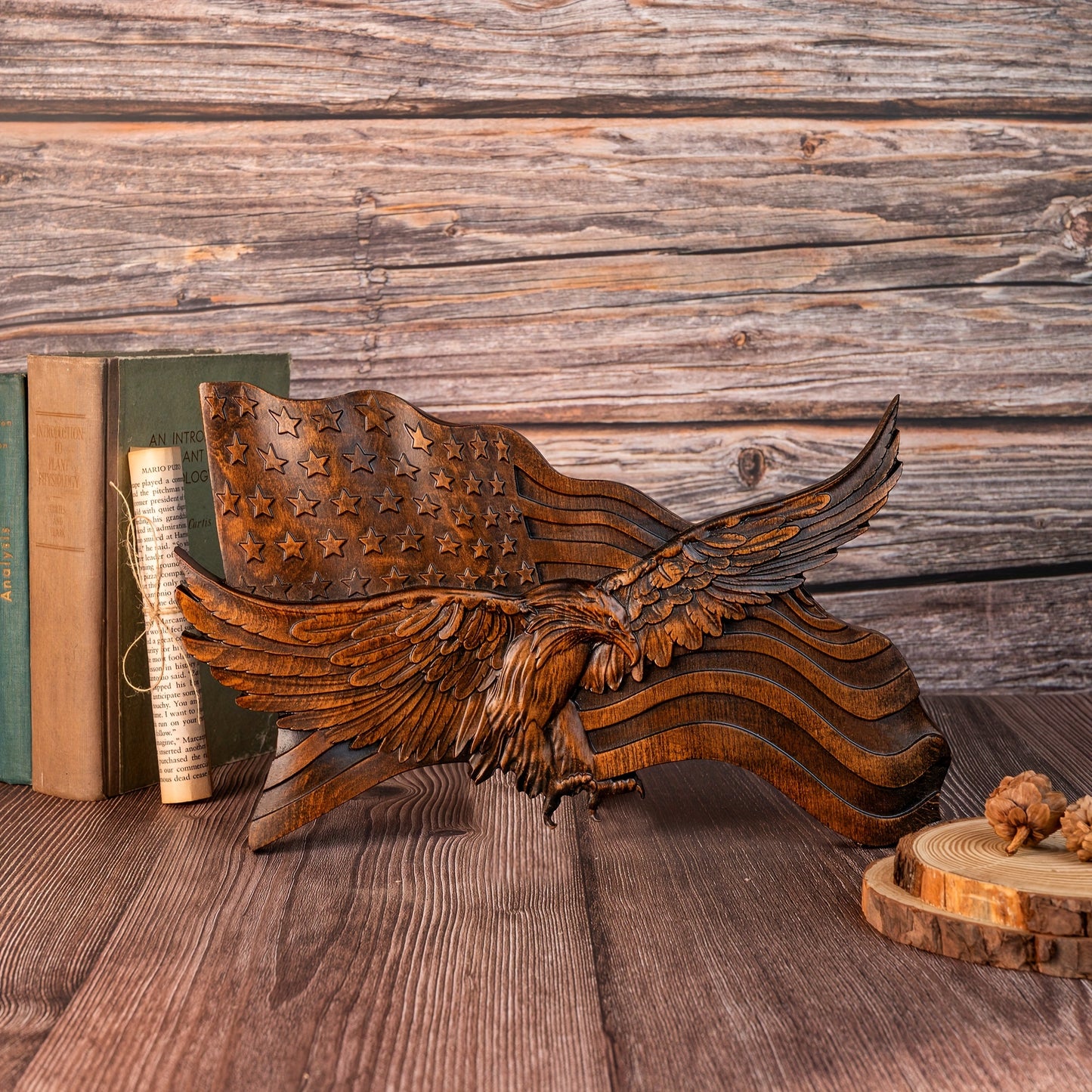 HAND CARVED WOODEN AMERICAN FLAG & BALD EAGLE