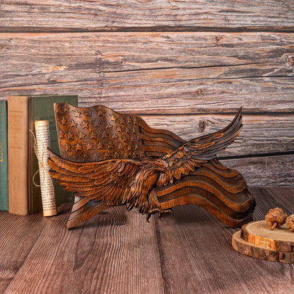HAND CARVED WOODEN AMERICAN FLAG & BALD EAGLE