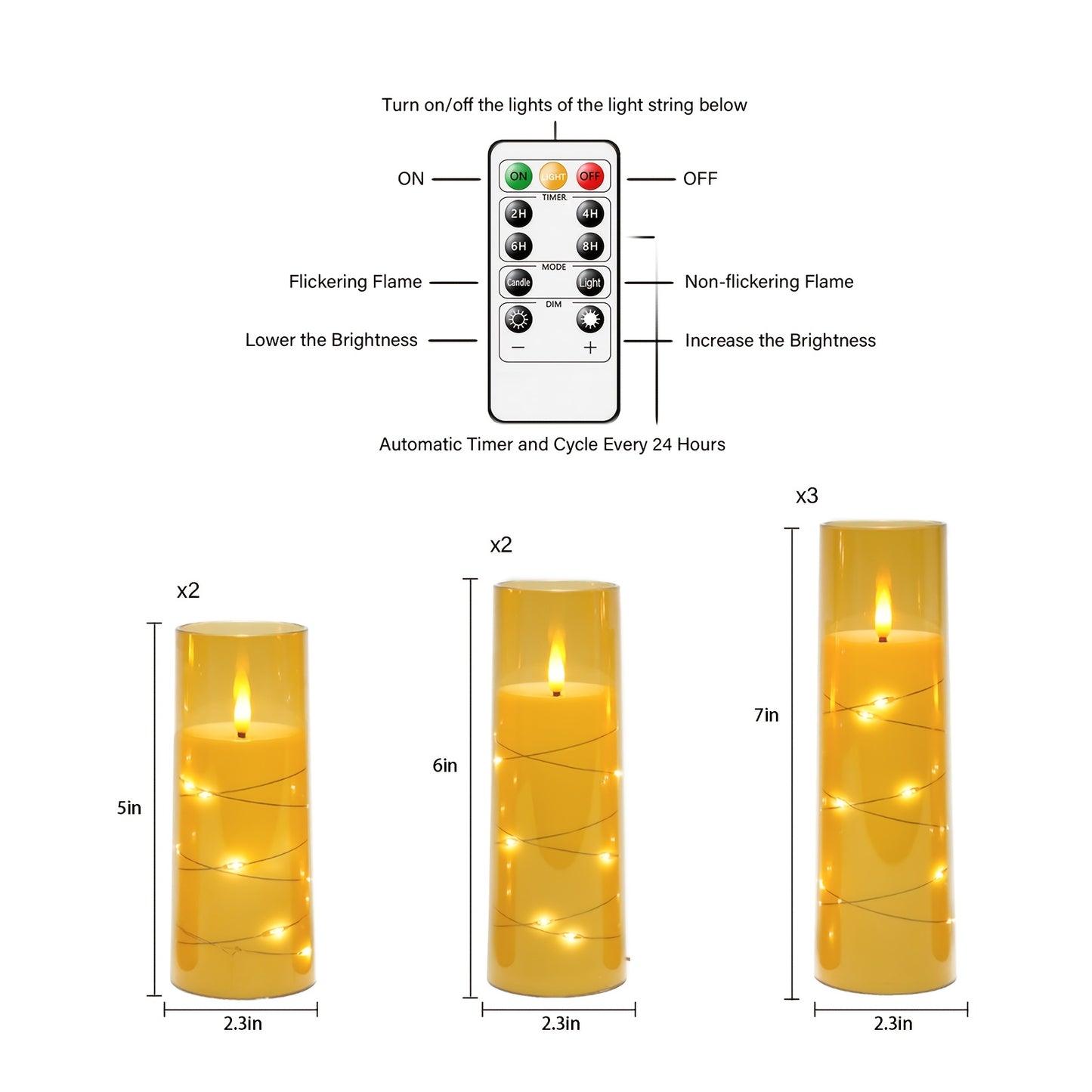 SET OF 7 - FLAMELESS FLICKERING LED CANDLES W/LED LIGHTS