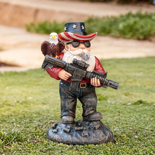5.1in x 2.95in x 2.55in - PATRIOTIC CITIZEN SOLDIER MILITARY GNOME W/RIFLE & EAGLE