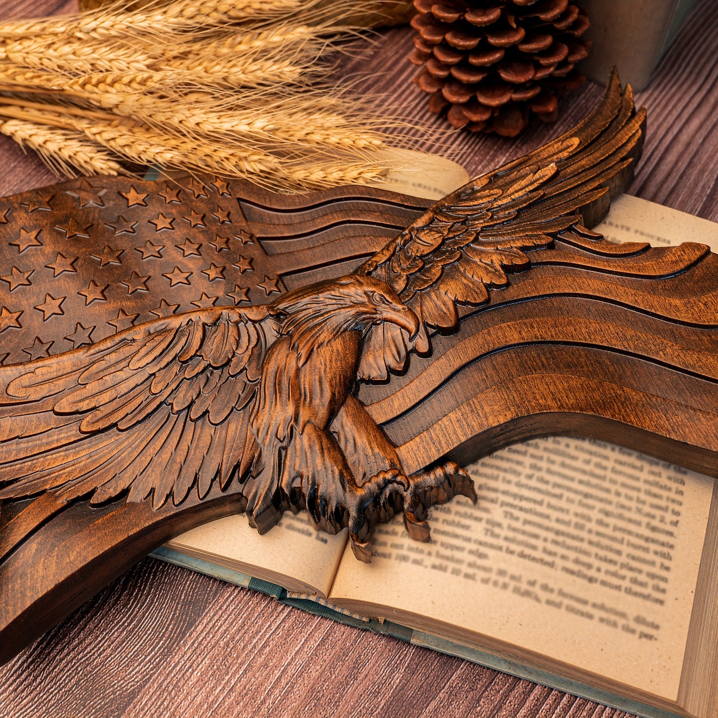 HAND CARVED WOODEN AMERICAN FLAG & BALD EAGLE