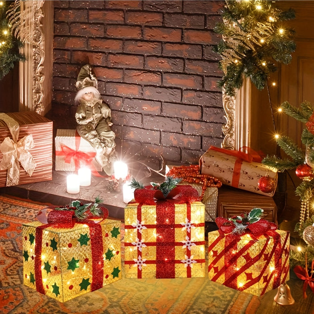 SET OF 3 - LIGHTED GIFT BOXES DECORATION W/LED LIGHTS