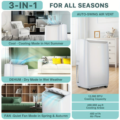 3-in-1 - 12,000 BTU PORTABLE AIR CONDITIONER, COOL 500 SQ FT