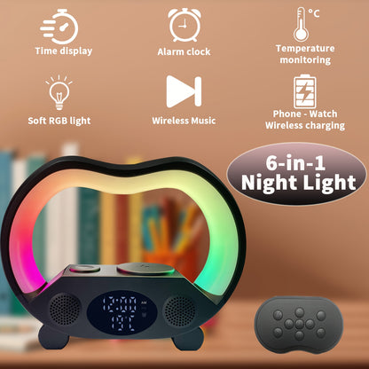 6-in-1 - NIGHT LIGHT, WIRELESS CHARGER/SPEAKER/ALARM CLOCK