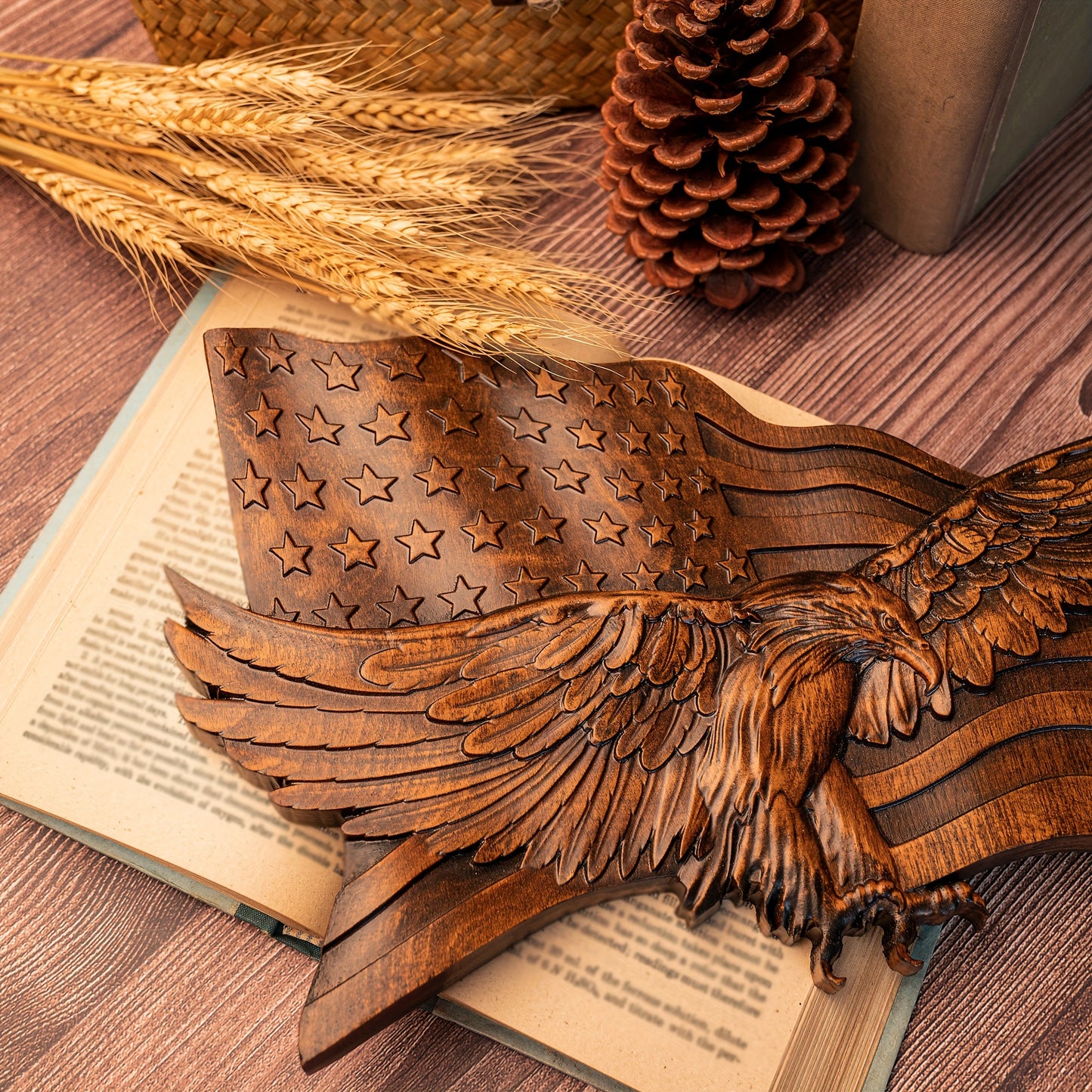 HAND CARVED WOODEN AMERICAN FLAG & BALD EAGLE