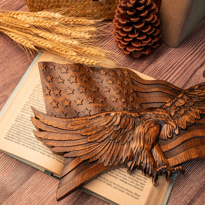 HAND CARVED WOODEN AMERICAN FLAG & BALD EAGLE
