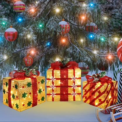 SET OF 3 - LIGHTED GIFT BOXES DECORATION W/LED LIGHTS