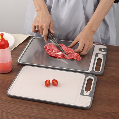 2-SIDED STAINLESS STEEL CUTTING BOARD W/DUAL SHARPENING STONE